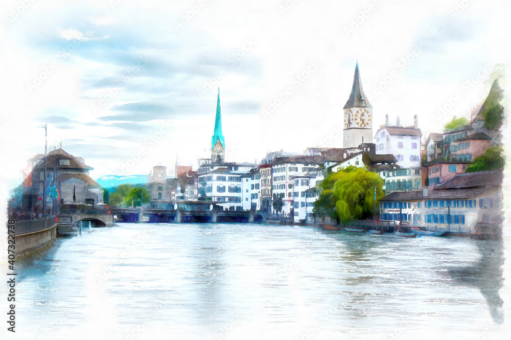 Old town of Zurich with Limmat river in Switzerland, digital generated painting
