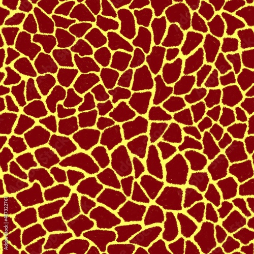 Giraffe skin color seamless pattern with fashion animal print for continuous replicate. Chaotic mosaic burgundy pieces on yellow background. Wrapping paper, funny textile fabric print,design,decor