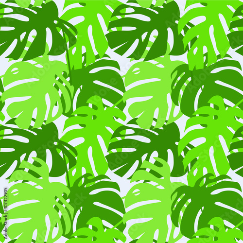Monstera leaves seamless pattern. Jungle botany green on light blu background for web, for print, for wallpaper