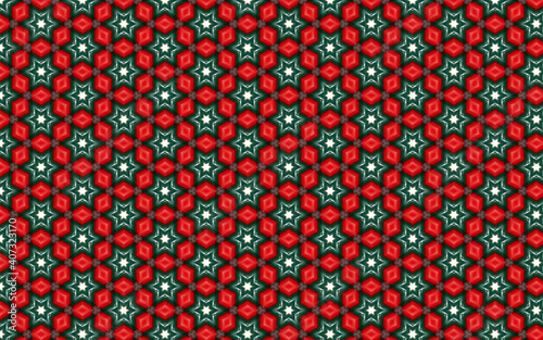 Red and green color, hexagonal and star geometric pattern.