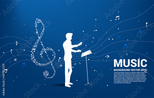 Vector silhouette of conductor with music melody shape sol key note dancing flow . Concept background for song and concert theme.