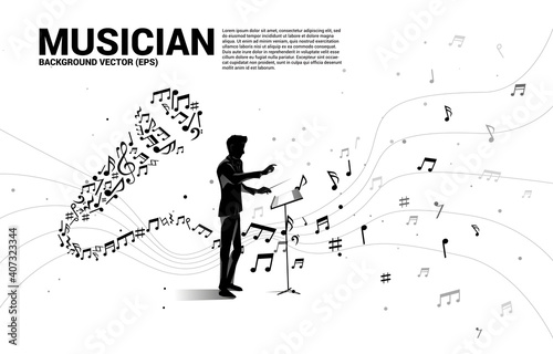 Vector silhouette of conductor with Sound wave microphone icon from music note melody dancing. karaoke and concert graphic visual style concept