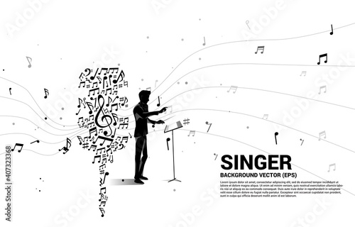 Vector silhouette of conductor with Sound wave microphone icon from music note melody dancing. karaoke and concert graphic visual style concept