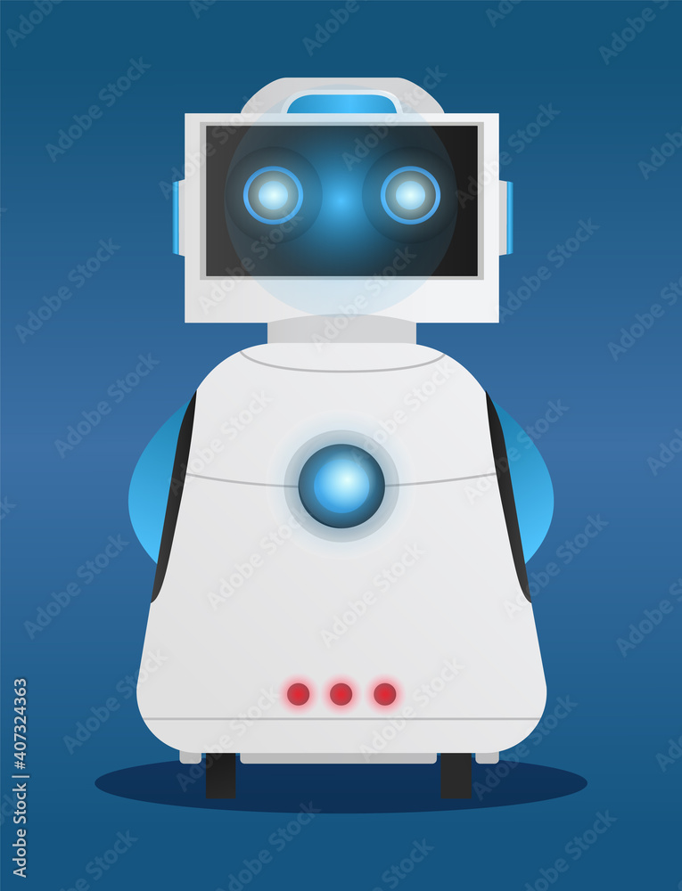 White robot with a square head vector illustration standing full length  against blue background. Science machine on wheels with electronic computer  control. Cyborg alien with luminous elements vector de Stock | Adobe