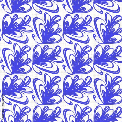 Azure blue white floral linen texture. Seamless textile effect background. Weathered doodle flower dye pattern. Coastal cottage beach home decor. Modern sea life marine fashion repeat cotton cloth. 