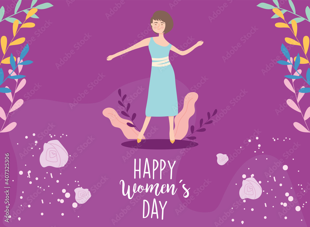 Obraz premium Happy womens day girl cartoon with leaves vector design