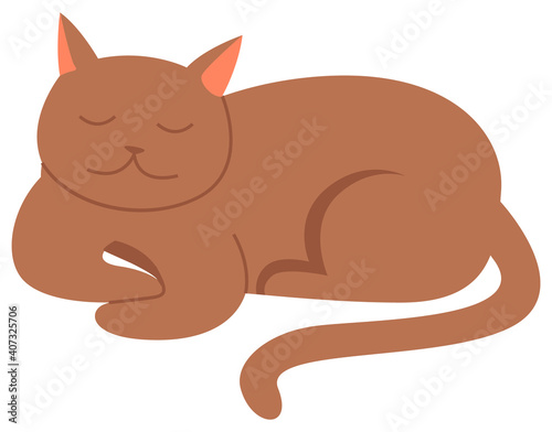 Cute cartoon kitty with ginger colored fur lies with closed eyes, nice pet vector illustration on white background. Pet cat shorthair home kitten is slipping, domestic animal with mustache and tail