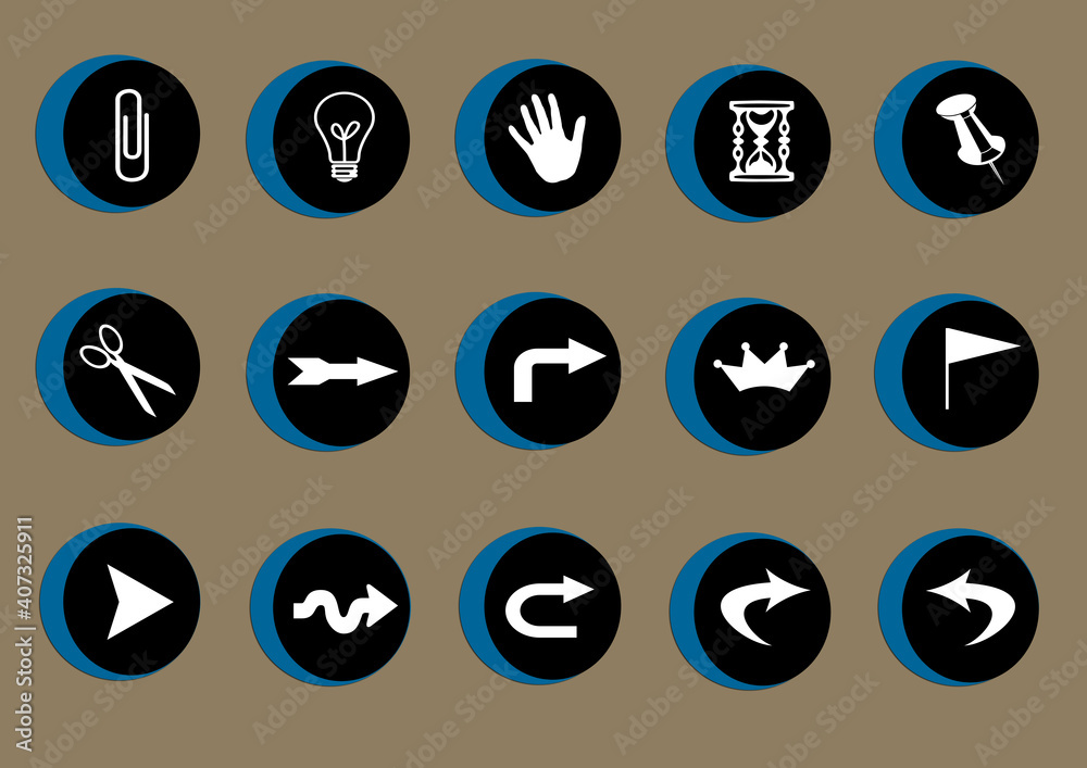 Web icon set in blue and black crescent button, various icon set	