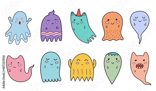 Cute ghosts collection. Scary characters clipart in cartoon style. Halloween graphic set. Vector illustration