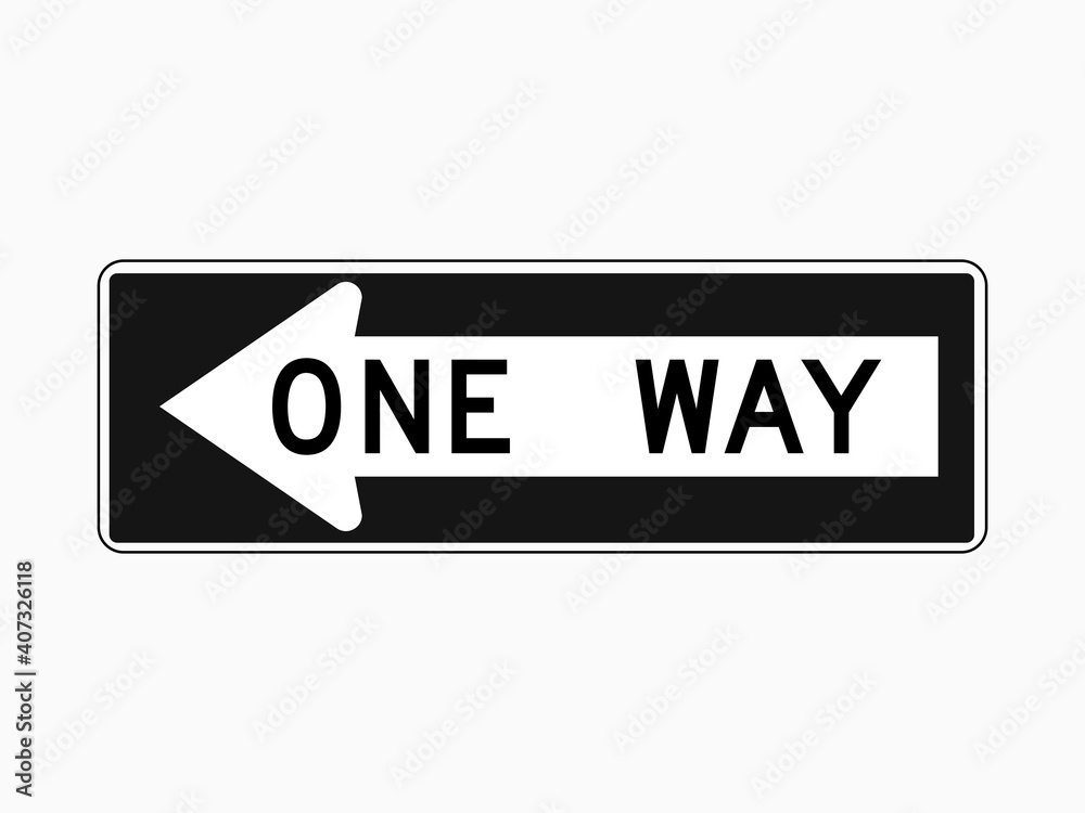 isolated road sign, one way, left white arrow symbol with black text and thin line stroke on