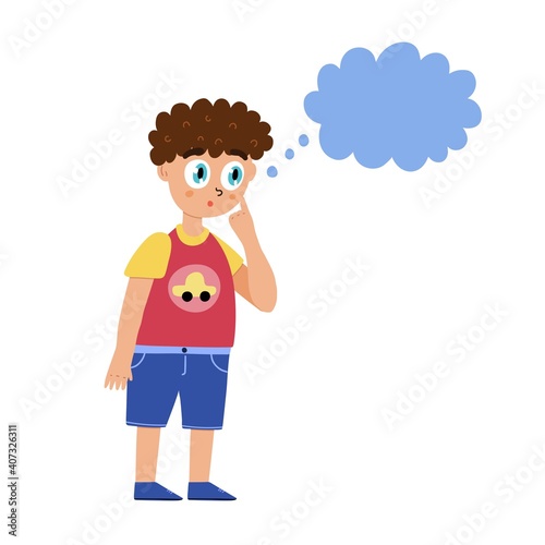 Cute curious boy is thinking. Little kid surprised with speech bubble isolated element. Clipart for baby and children design. Vector illustration