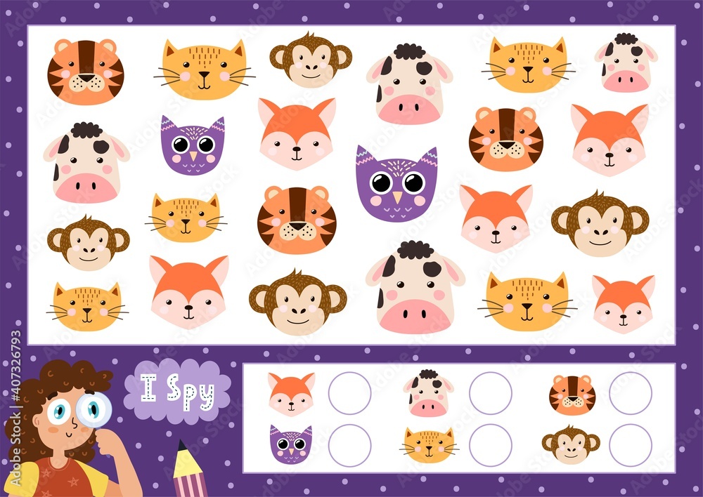 I spy game for kids. Find and count the cute animals. Search the same animal puzzle for children. How many funny activity page. Vector illustration