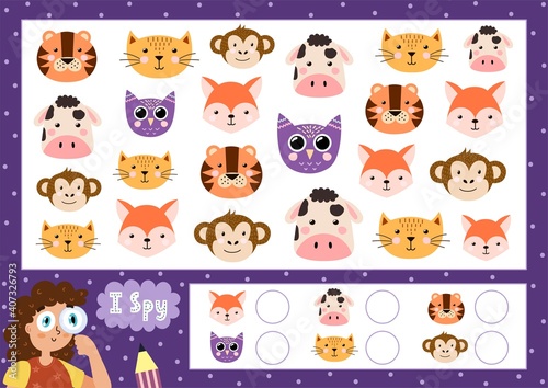 I spy game for kids. Find and count the cute animals. Search the same animal puzzle for children. How many funny activity page. Vector illustration © juliyas