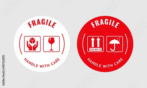 Vector illustration of Fragile, Handle with Care or Package Label stickers set. Red and white colour set. Circular shape banner style
