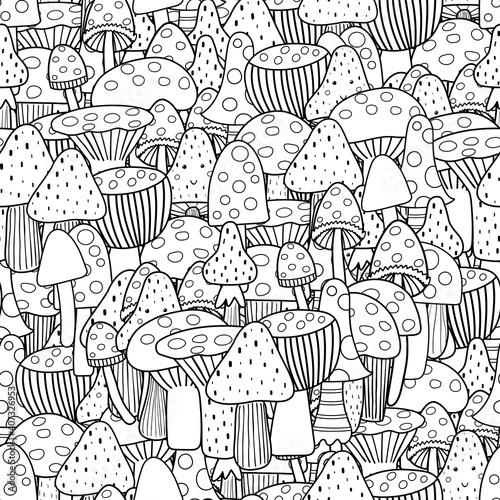 Doodle mushrooms seamless pattern. Fantasy forest coloring page. Black and white print for coloring book with whimsical fairy mushrooms. Amanitas outline background. Vector illustration
