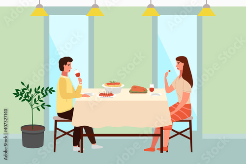 Couple is traditional eating italian food. Characters in a relationship have dinner on a date at a restaurant. Interior layout of restaurant in italian style. Table with pasta and meat steak
