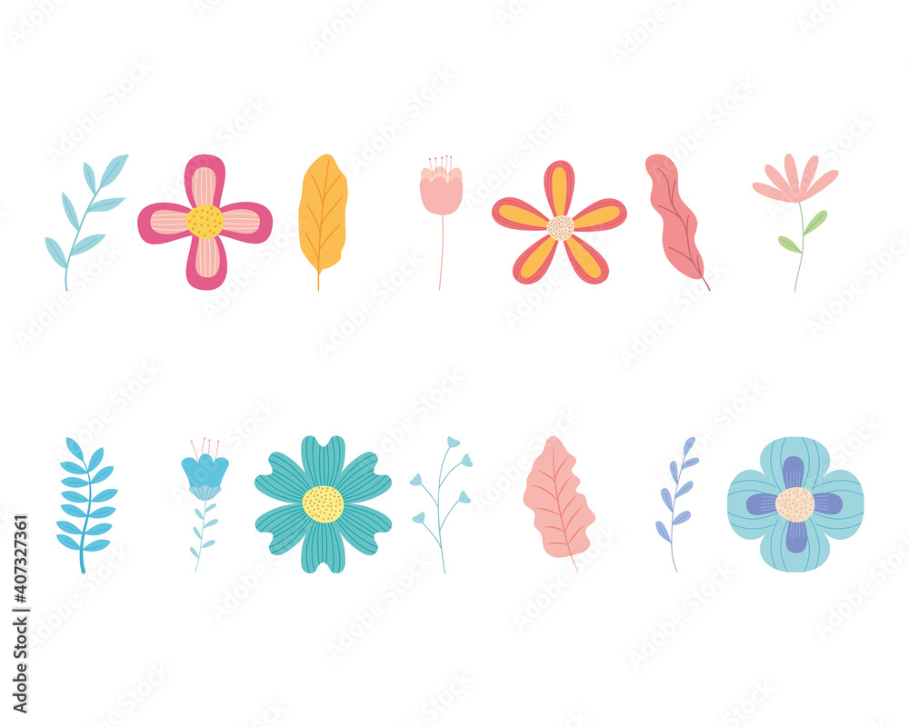 icon set of colorful flowers and leaves