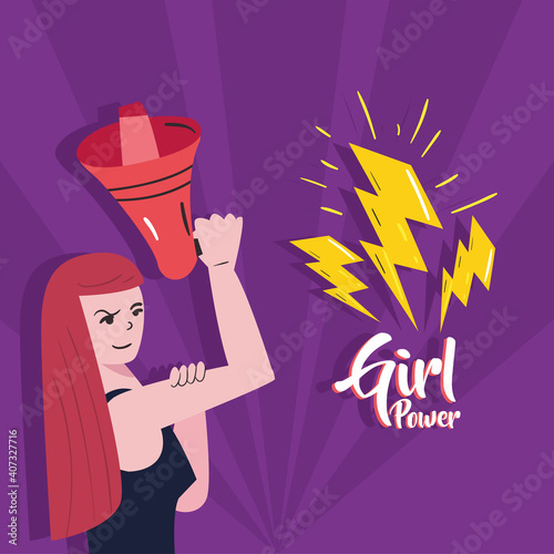 Girl power strong woman cartoon with megaphone and thunders vector design
