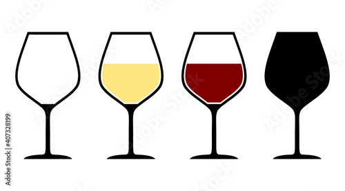 Set of Wine Glass Icons including Empty Glass, Glasses with White and Red Wine and Silhouette. Vector Image.