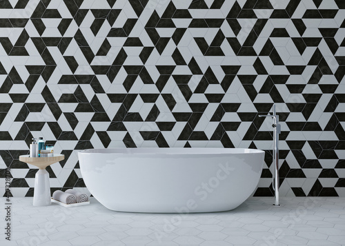 Bathroom with bathtube and wall design, 3d render photo