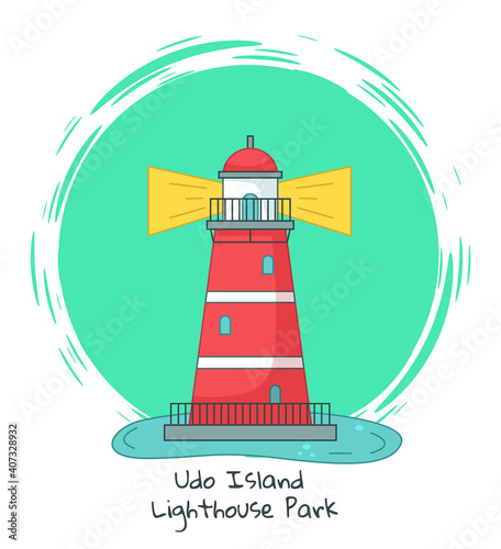 Banner with red lighthouse on ocean landscape with inscription udo island lighthouse park illustration. Construction with big floodlight to light the way water transport tropical island jeju symbol