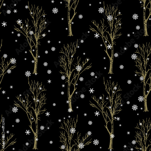 Seamless monochrome floral pattern with silhouettes of bare trees and snowflakes. Hand drawn sketch.