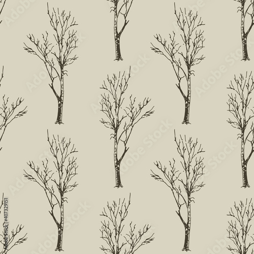 Seamless geometrical monochrome pattern with silhouettes of bare trees or naked branches. Hand drawn sketch.