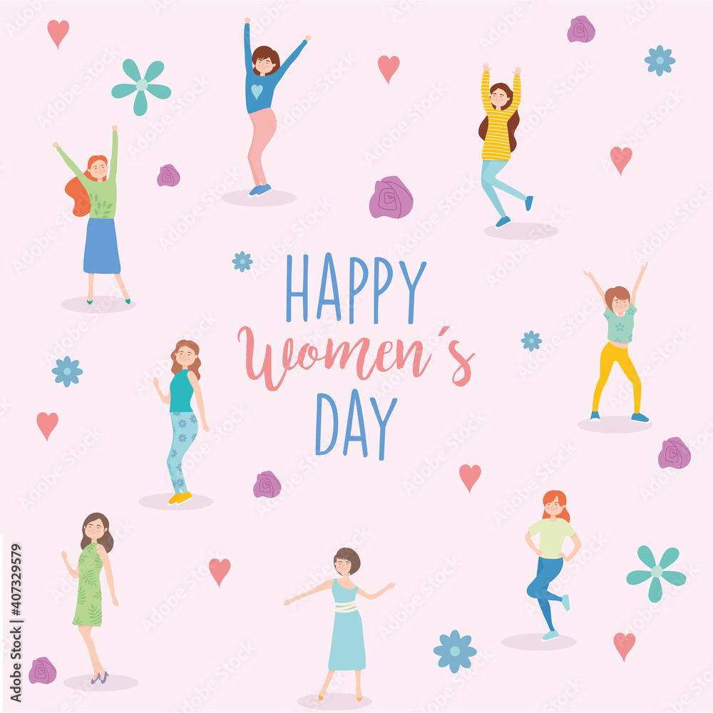 Happy womens day girls cartoons flowers and hearts vector design