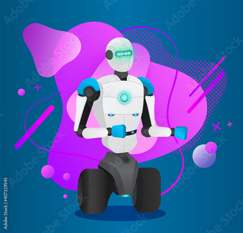 Futuristic robot with wheels and hands, sensors. Artificial intelligence. Innovative humanized model of robot. Android at pink abstract background with dotes, lines, circles. Cybernetic science