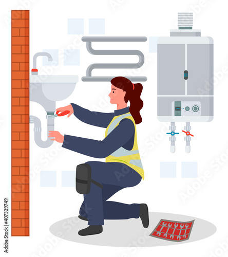 Plumber woman repairing adjusting fixing sink tube or pipe in bathroom, plumbing work, not female work, female in protective suit, lady engineer, technician works at home, housework, service concept