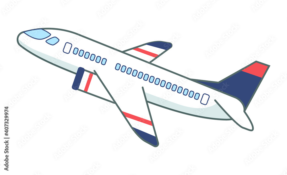 Flight of the passenger plane on white background. Airplane in flight position in the air flat vector illustration. Air transport, vehicle for transporting people and goods over long distances