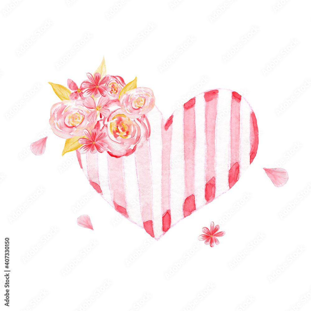 Watercolor illustration for Valentine's Day. Isolated on white. A heart and a bouquet of flowers.