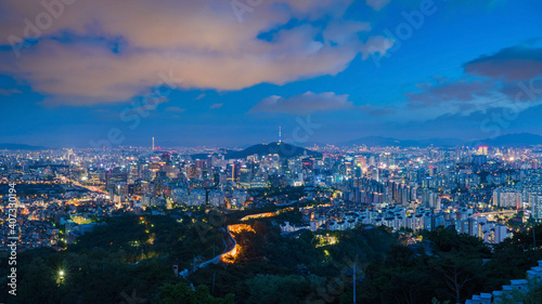 view of seoul City   south korea  showing landmark Seoul tower in the financial district at     night 