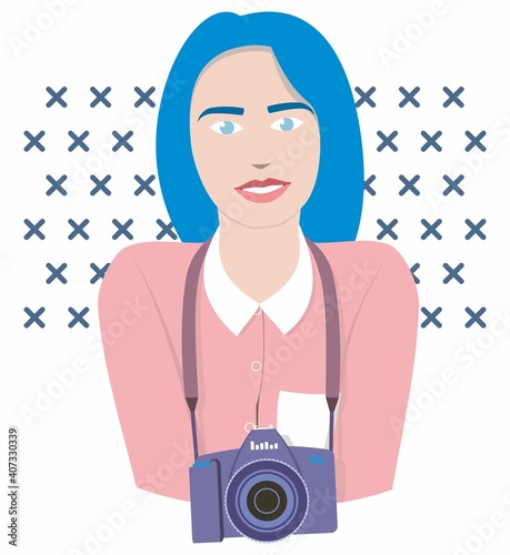 Photographer girl with blue hair and blue eyes looks forward. A camera is hanging on her neck. A vector woman is wearing a pink blouse with a white collar. SLR camera on a belt