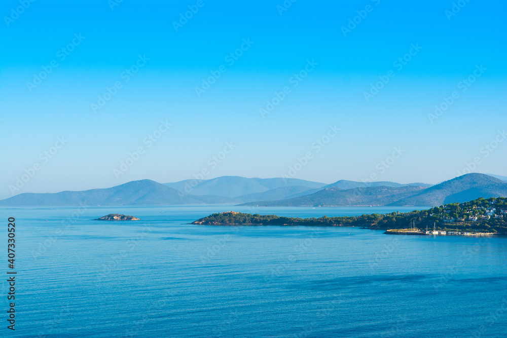 Beautiful Mediterranean landscape with Aegean sea and green hills