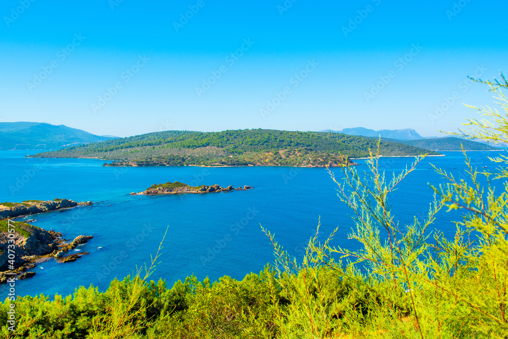 Fototapeta premium Beautiful Mediterranean landscape with Aegean sea and green hills