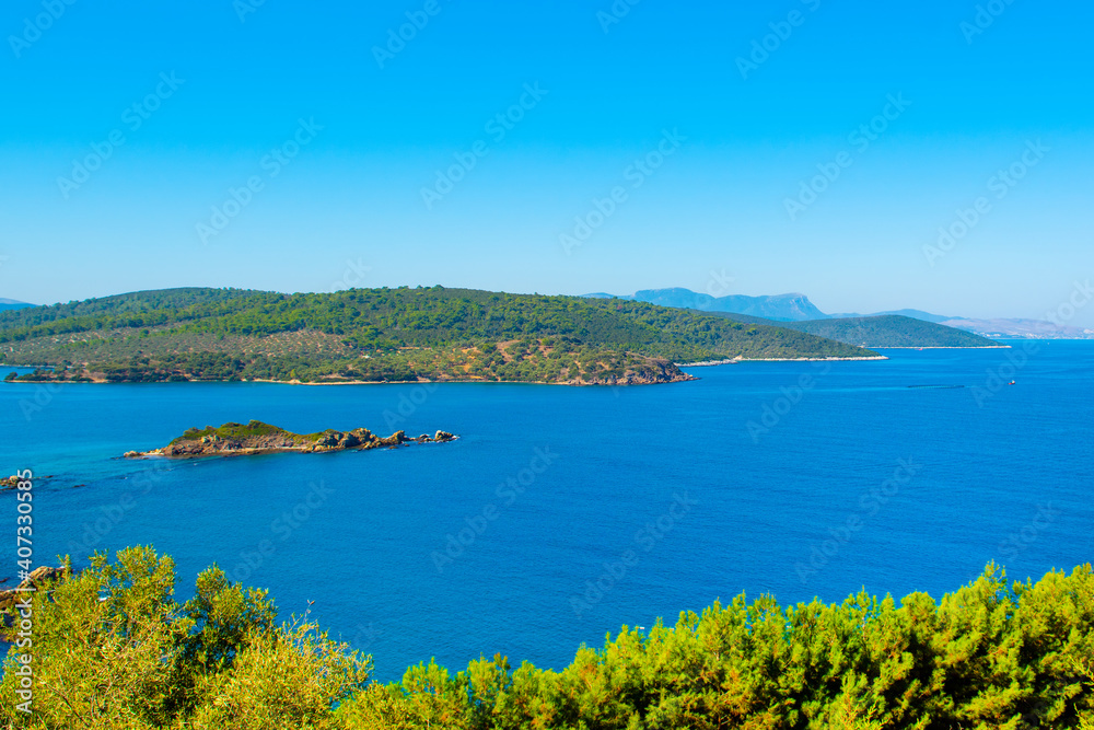 Beautiful Mediterranean landscape with Aegean sea and green hills