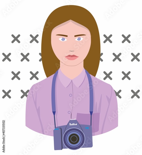 Photographer girl with brown hair and blue eyes looks forward. A camera is hanging on her neck. A vector woman is wearing a purple blouse with a purple collar. SLR camera on a belt