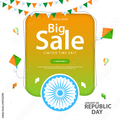 Vector illustration of 26th January Republic Day Celebration India. Big Sale Advertising Design