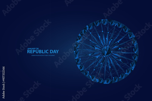 26 January is the Republic Day of India. Low poly wireframe Indian Republic Day flag Ashoka wheel background. Digital Vector illustration. Abstract polygonal