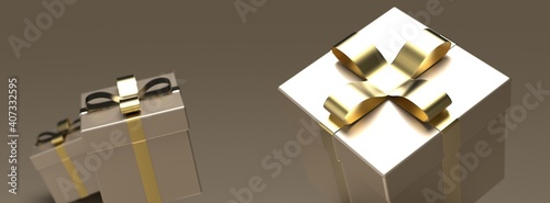 Gold closed gift boxes with gold ribbon on black background. 3D illustration. 3D CG. 3D high quality rendering. © DRN Studio
