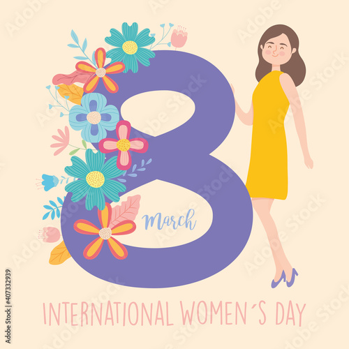 international womens day design with cartoon woman and floral number eight, colorful design