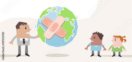 cartoon man giving a sick planet to his children