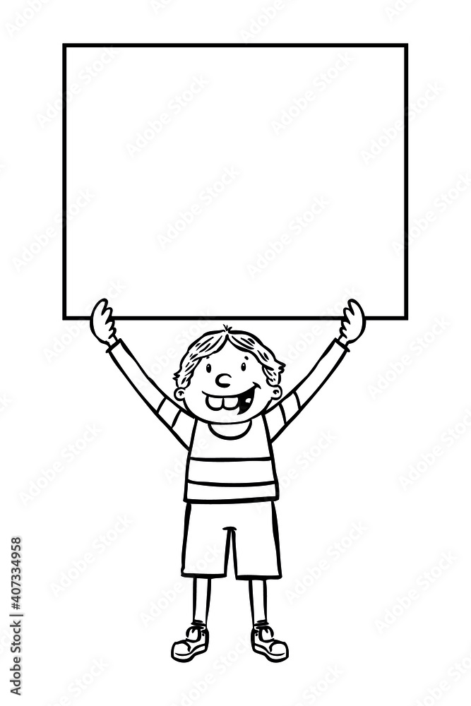Hand drawn black and white illustration of kid who hold a blank banner. Vector EPS. Hand drawn black and white illustration of kid who hold a blank banner. Vector EPS.