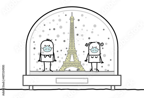 Cartoon Man and Woman with protection Masks, Contained in a Snow-Dome, with the Eiffel Tower