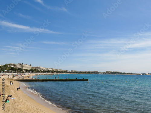 Stunning view of the Cannes, France dock and beach. © Marisa