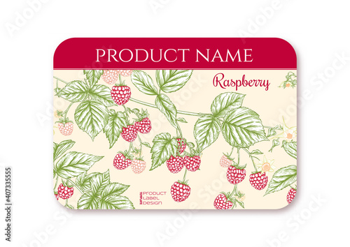 Raspberry. Ripe berries on branch. Template for product label, cosmetic packaging. Easy to edit. Graphic drawing, engraving style. Vector illustration..