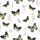 Cute seamless pattern with colorful butterflies and plant elements. Watercolor illustrations.