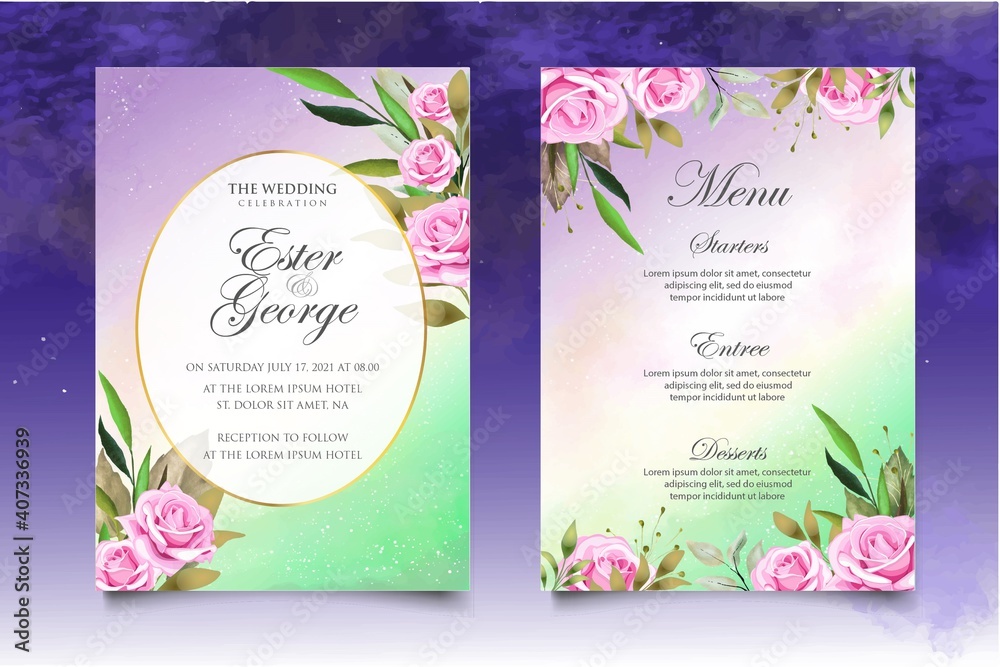 Wedding invitation card with beautiful flowers and leaves