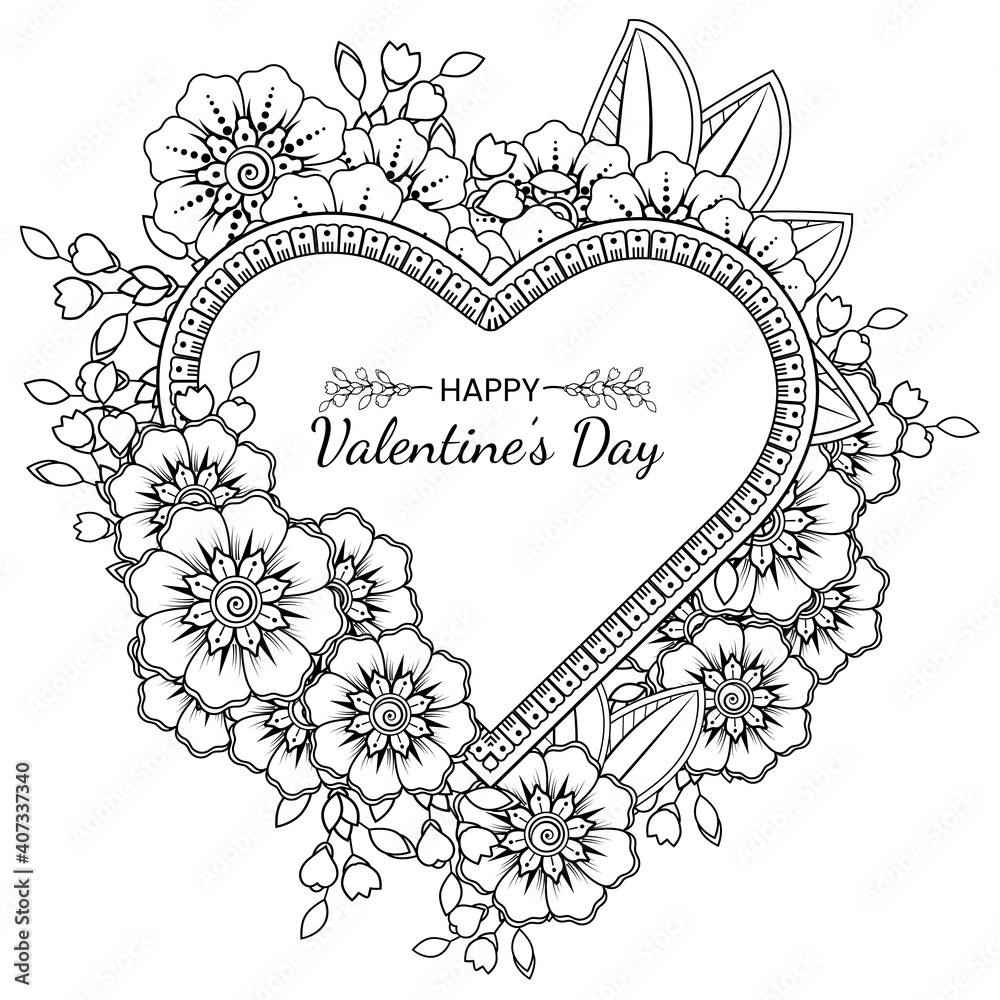 Hand drawn valentines day greeting card or banner with mehndi flower. decoration in ethnic oriental, doodle ornament. outline hand draw illustration.  